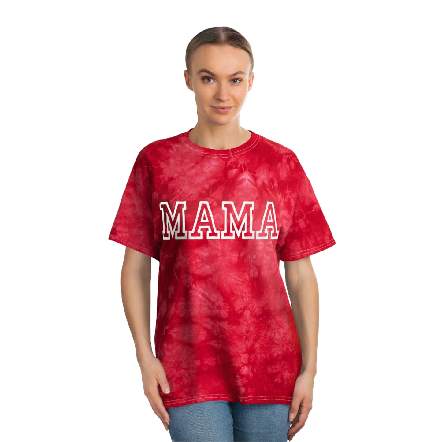 Varsity Mama Tie Dye Mama Shirt White font Red Shirt
